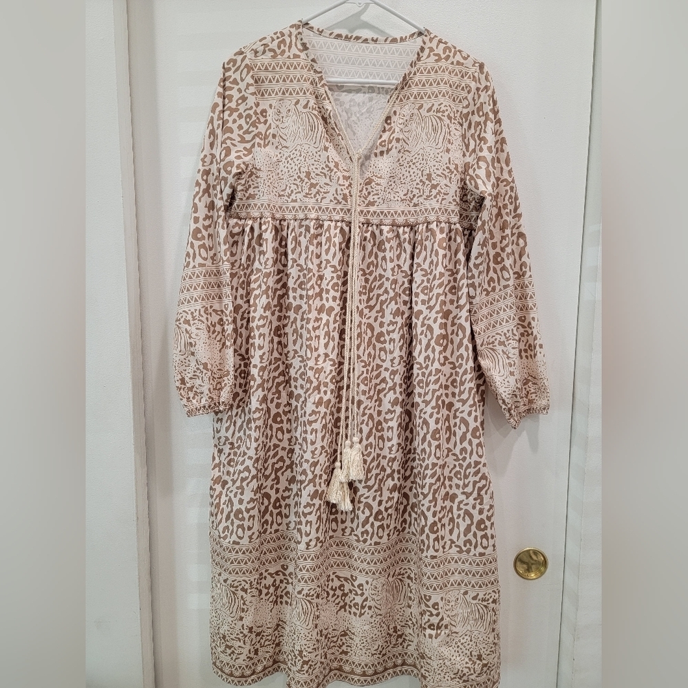 R. Vivimos Ethnic Peasant Boho Safari Tiger Cub Print Midi Dress size 4/6 - S